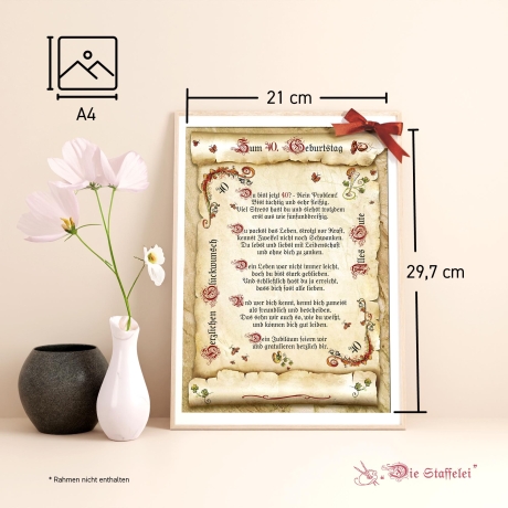 Geschenk Karte Urkunde 40. Geburtstag, Zeichnung mit humorvollem Gedicht, A4 Bild-Präsent