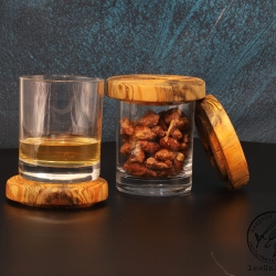 3 Whisky-Gläser mit Holz-Untersetzer / Handarbeit / Kunsthandwerk