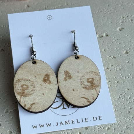 Pusteblumen Ohrringe aus Holz, ovales Naturmotiv