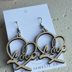 Love Herz Ohrringe aus Holz, zwei Herzen mit Schriftzug Love