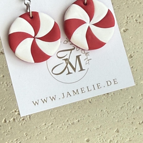 Pfefferminz Bonbon Ohrringe aus Polymer Clay, rot-weiße Spirale