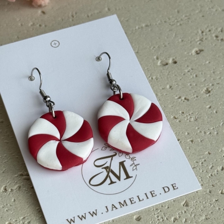 Pfefferminz Bonbon Ohrringe aus Polymer Clay, rot-weiße Spirale