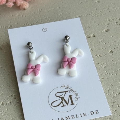 Schleifen Hase Ohrringe aus Polymer Clay – handgemachte Ohrhänger