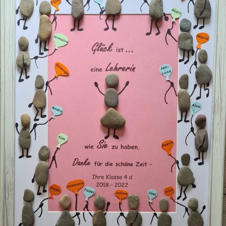 Liebevoll handgefertigtes Steinbild als Geschenk für die Lehrerin bzw  den Lehrer - DIN A3 mit bis zu 24 Kindern mit Namen in Luftballons