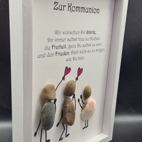 Liebevoll handgefertigtes Steinbild als Geschenk zur Kommunion in 3 Rahmenfarben