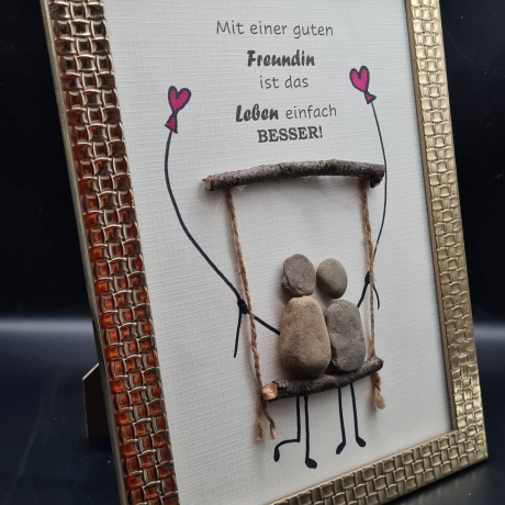 Liebevoll handgefertigtes Steinbild für die beste Freundin - 3 verschiedene Rahmenfarben - gold, silber oder weiß