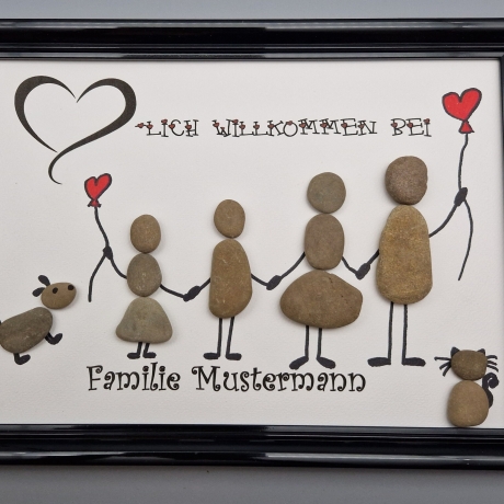 Steinbild Familie - personalisierbar - mit bis zu 4 Kindern und Hund oder Katze