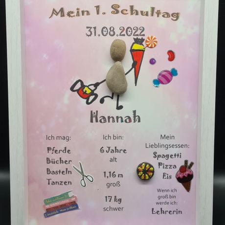 Liebevoll handgefertigtes Steinbild als Geschenk für das Schulkind (Mädchen) - Meilenstein - personalisiert - 3 Rahmenfarben wählbar