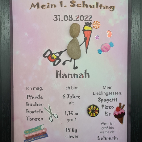 Liebevoll handgefertigtes Steinbild als Geschenk für das Schulkind (Mädchen) - Meilenstein - personalisiert - 3 Rahmenfarben wählbar