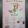 Liebevoll handgefertigtes Steinbild als Geschenk für das Schulkind (Mädchen) - Meilenstein - personalisiert - 3 Rahmenfarben wählbar