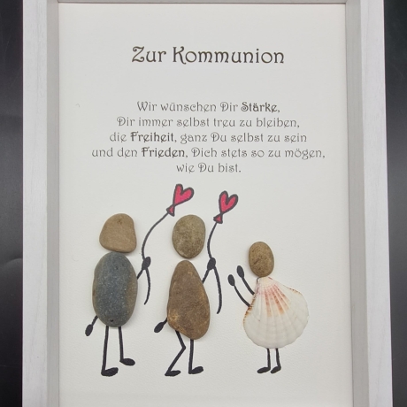 Liebevoll handgefertigtes Steinbild als Geschenk zur Kommunion in 3 Rahmenfarben