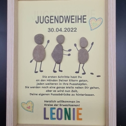Liebevoll handgefertigtes Steinbild als Geschenk für die Jugendweihe - personalisiert - Rahmenfarbe wählbar