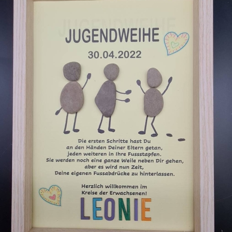 Liebevoll handgefertigtes Steinbild als Geschenk für die Jugendweihe - personalisiert - Rahmenfarbe wählbar