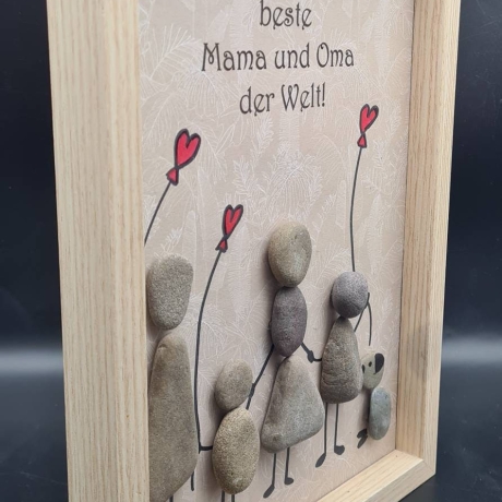 Liebevoll handgefertigtes Steinbild für die liebe Mama und Oma, 2 Enkel und Hund - 3 verschiedenen Rahmenfarben