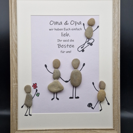 Liebevoll handgefertigtes Steinbild als Geschenk für Oma und Opa in Größe DIN A3 mit bis zu 5 Enkelkindern