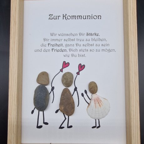 Liebevoll handgefertigtes Steinbild als Geschenk zur Kommunion in 3 Rahmenfarben