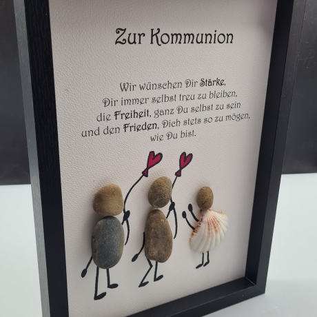 Liebevoll handgefertigtes Steinbild als Geschenk zur Kommunion in 3 Rahmenfarben