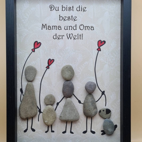 Liebevoll handgefertigtes Steinbild für die liebe Mama und Oma, 2 Enkel und Hund - 3 verschiedenen Rahmenfarben