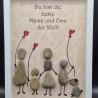 Liebevoll handgefertigtes Steinbild für die liebe Mama und Oma, 2 Enkel und Hund - 3 verschiedenen Rahmenfarben