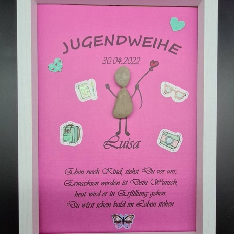 Liebevoll handgefertigtes Steinbild als Geschenk für die Jugendweihe (Mädchen) - personalisiert - Rahmenfarbe wählbar