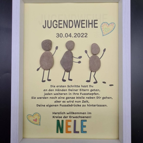 Liebevoll handgefertigtes Steinbild als Geschenk für die Jugendweihe - personalisiert - Rahmenfarbe wählbar