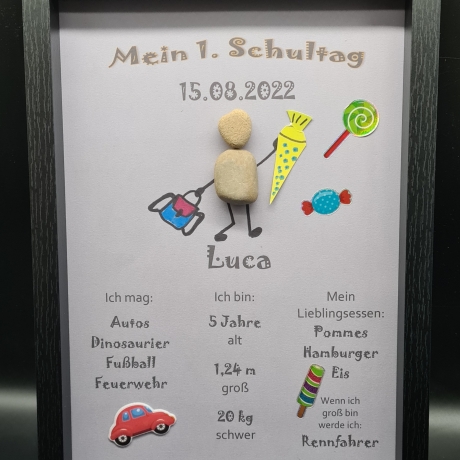 Liebevoll handgefertigtes Steinbild als Geschenk für das Schulkind (Junge) - Meilenstein - personalisiert - 3 Rahmenfarben wählbar wählbar