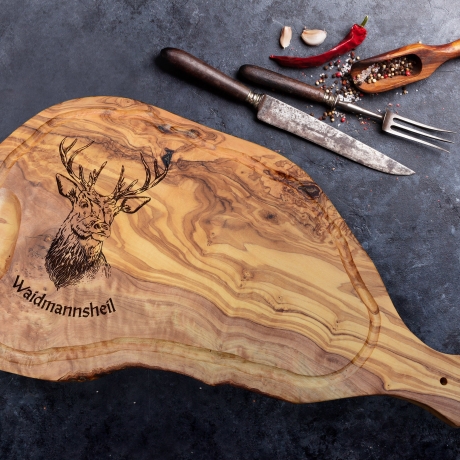 Steakbrett aus Olivenholz mit Handgriff | HIRSCH | personalisiert