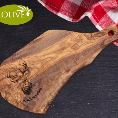 Steakbrett aus Olivenholz mit Handgriff | HIRSCH | personalisiert