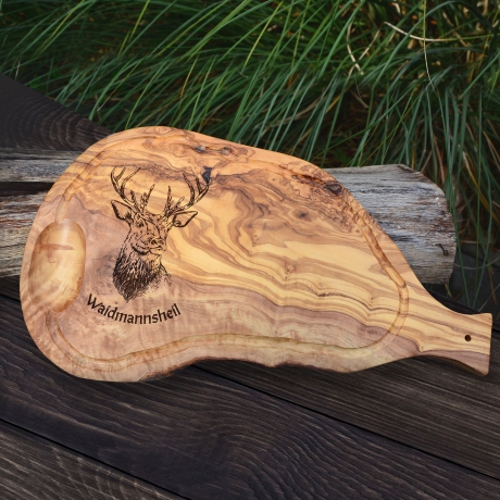 Steakbrett aus Olivenholz mit Handgriff | HIRSCH | personalisiert