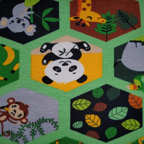 Baumwolljersey grün mit Tieren, Panda