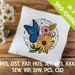 Stickdatei Blumen Schmetterling im Ring in 6 Größen