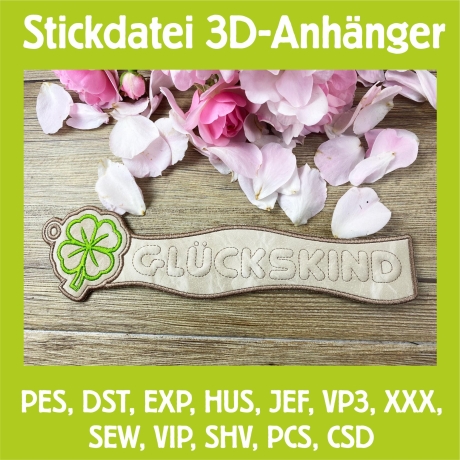 Stickdatei 3D-Anhänger GLÜCKSKIND, 3D-Stick, Lesezeichen