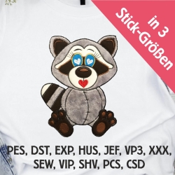 Stickdatei Applikation Waschbär Willy in 3 Größen