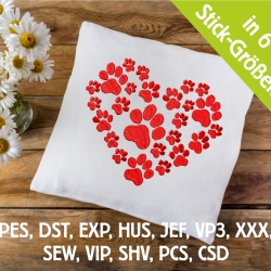 Stickdatei Pfotenherz aus Hundepfoten in 6 Größen
