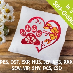 Stickdatei Herz mit Hundepfote floral in 6 Größen