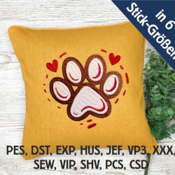 Stickdatei Hunde Pfote mit Herzchen in 6 Größen