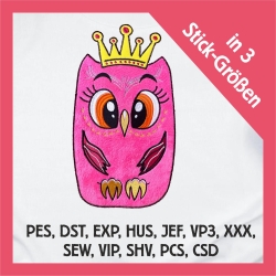 Stickdatei Applikation Eule Prinzessin in 3 Größen