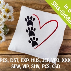 Stickdatei 3 Hundepfoten und Herz in 6 Größen