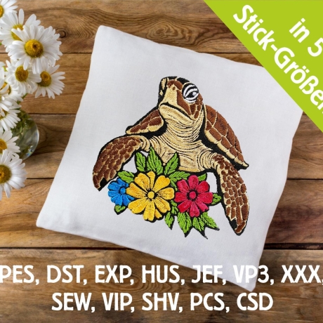 Stickdatei Schildkröte floral in 5 Größen