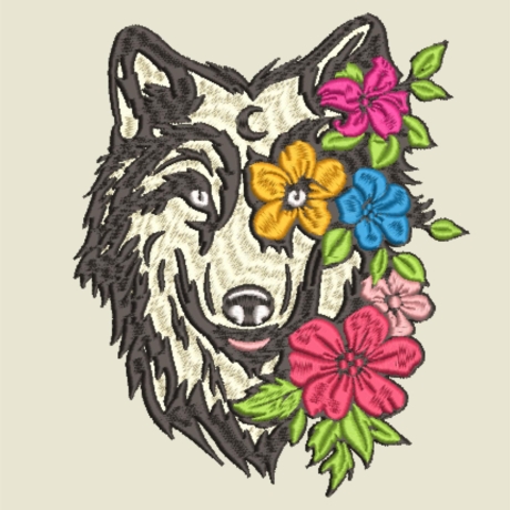 Stickdatei Wolf floral in 5 Größen, Stickmuster mit Tier-Motiv