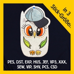 Stickdatei Applikation Eule mit Cap in 3 Größen