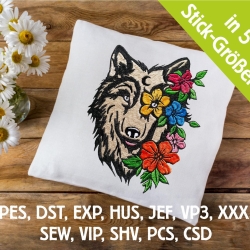 Stickdatei Wolf floral in 5 Größen, Stickmuster mit Tier-Motiv