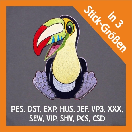 Stickdatei Applikation Tucan Ferdinand in 3 Größen