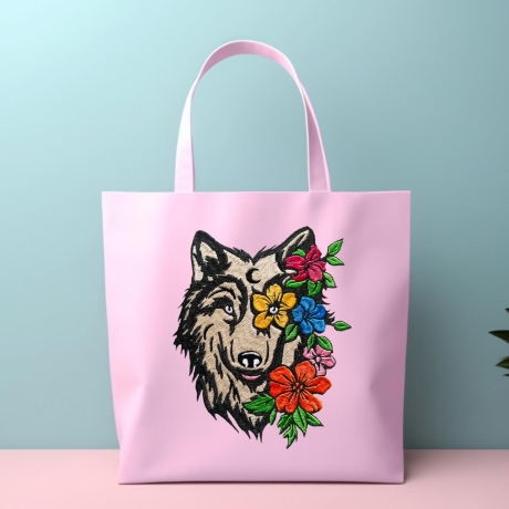 Stickdatei Wolf floral in 5 Größen, Stickmuster mit Tier-Motiv