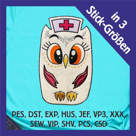 Stickdatei Applikation Eule Krankenschwester in 3 Größen