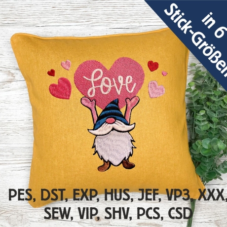 Stickdatei Love Gnom in 6 Größen, Maschinenstickerei