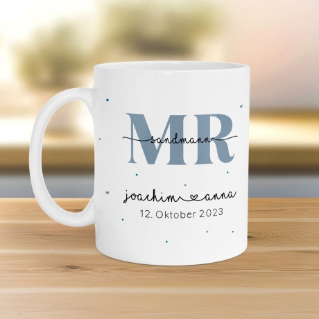 Mr & Mrs Tasse Hochzeit personalisiert mit Wunschnamen und Datum – Namenstasse Hochzeitsgeschenk - Braut Bräutigam – Kaffeetasse - 330 ml