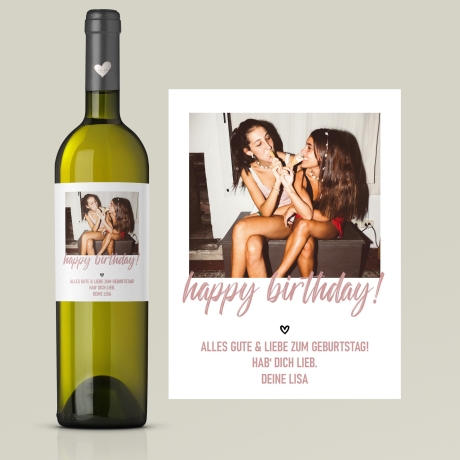 Personalisiertes Weinetikett Happy Birthday, Geburtstags-Flaschenetikett mit Foto & Namen,  ideales Geschenk mit Foto - rosa