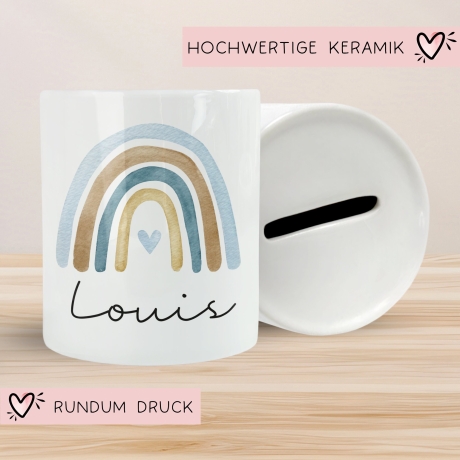 Personalisierte Kinder Spardose Regenbogen Aquarell mit Namen und Datum - Blau - Geschenk für Mädchen zum Geburtstag Weihnachten Firmung