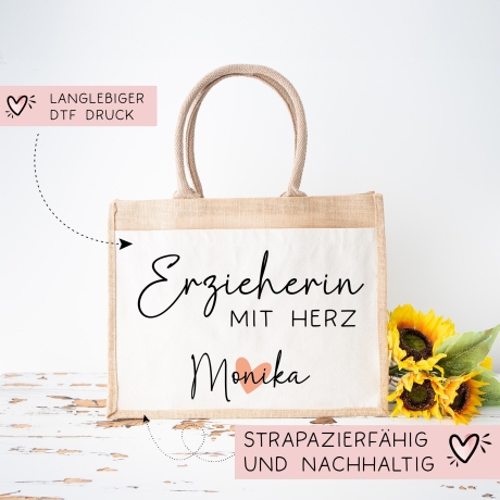 Erzieherin mit Herz - Personalisierte Tasche Jute - Geschenk Juteasche Abschiedsgeschenk Schule Kindergarten - Beste Erzieherin Wunschtext